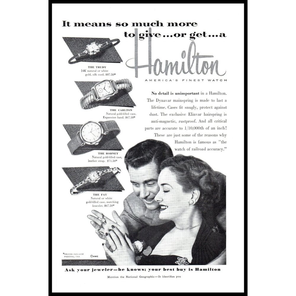 1953 Hamilton Watches Vintage Print Ad Husband Wife Gift Wall Art Photo